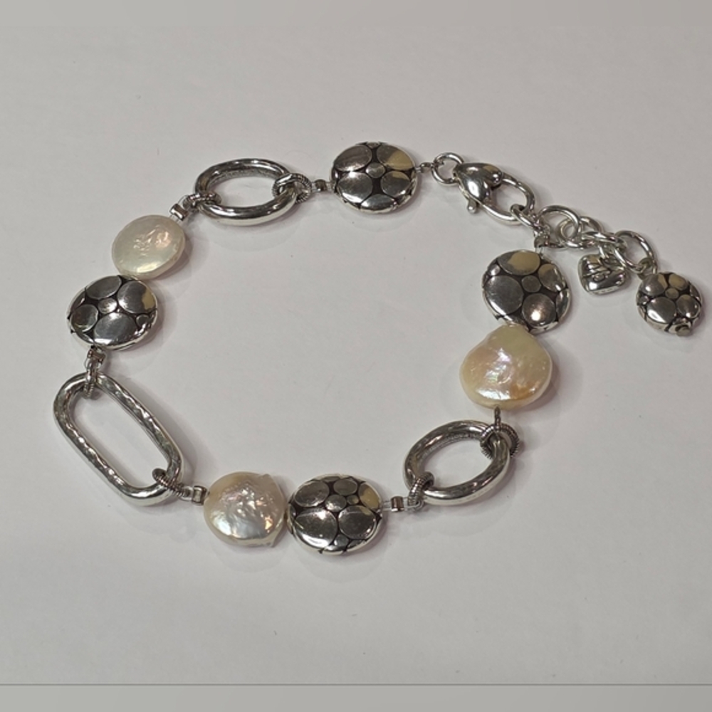 Brighton Silver Tone Baroque Pearl Mixed Link Heart Charm Bracelet Adjustable